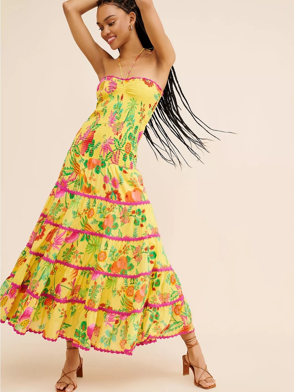 FARM Rio Delicate Fruit Garden Halter Maxi Dress Smocked Yellow Pink Size S